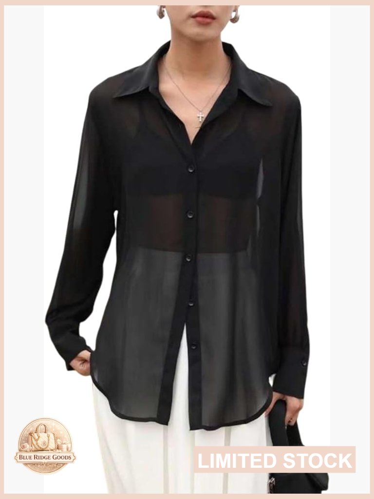 Women Sheer Mesh Button Up Blouse Long Sleeve See Through Top Sexy Shirts
